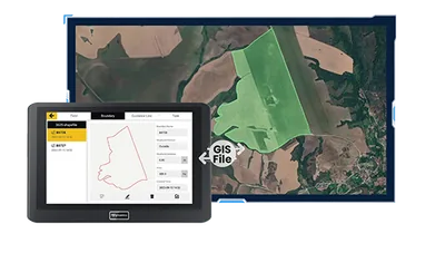 Tablet displaying map data overlaid on aerial view of land, likely for GIS analysis.