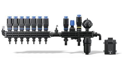 A modular industrial fluid control manifold system with multiple solenoids, valves, a pressure gauge, and a filter unit.